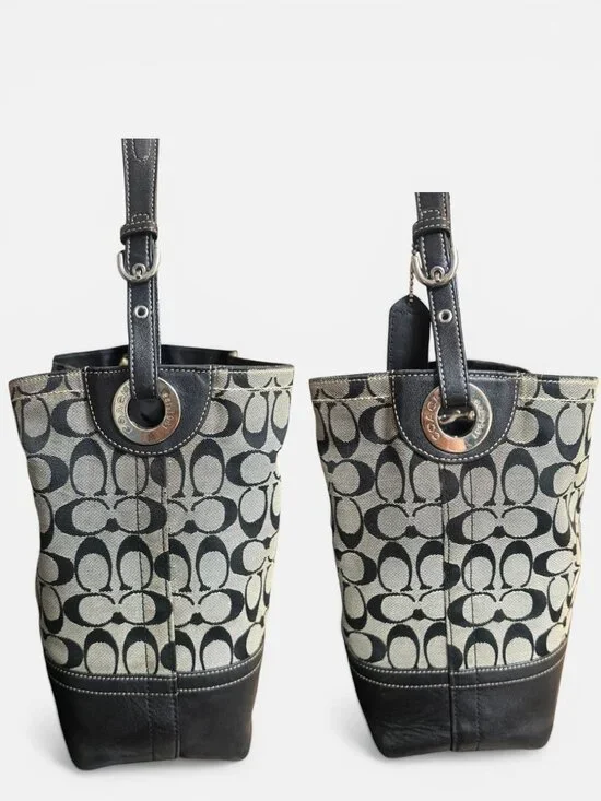 Coach Signature Bucket Tote F12518 Black Canvas Leather Shoulder Bag Carryall - Picture 6 of 10